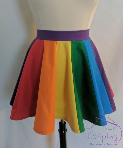 "This rainbow skater skirt would be great for pegasus pony cosplay, gay pride events and parades, LGBTQ events or everyday wear. Each skirt is custom made to fit your measurements. It is available in any size including all plus sizes. The circle skirt features panels in colors of the rainbow; red, orange, yellow, green, blue and purple. These are also gay pride flag colors. You can choose the waistband color. The skirt closes in the back with an invisible zipper. This rainbow circle skirt is ava Pride Parade Outfit, Random Clothing, Rainbow Dresses, Rainbow Circle, Clown Clothes, Rainbow Skirt, Lesbian Fashion, Pride Flag Colors, Colorful Skirts