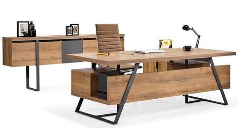 Md Table, Table Design Modern, Study Table Design, Wood Desk Design, Steel Frame Furniture, Professional Office Furniture, Wood And Metal Desk, Inspiring Office, Small Office Design Interior