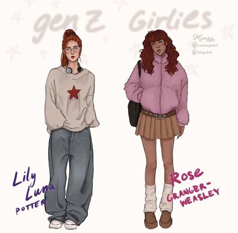 Older Harry Potter Fanart, Rose Granger Weasley Fanart, Lily Luna Potter Fan Art, Harry Potter Next Gen, Lily Luna Potter, Rose Granger Weasley, Disney Princess Inspired Outfits, Scorpius And Rose, Potter Family