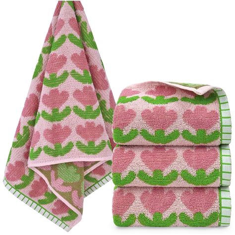 PRICES MAY VARY. Vibrant Floral Prints: Hand towels feature elegant pink tulips print that bring nature’s beauty to your bathroom or kitchen. Multi-Purpose Use: Soft hand towels for bathroom, guest room, dorm, salon, spa, or gym. Their versatility makes them a must-have for any household. Lightweight Cotton: These cotton face towels are super soft, breathable, and gentle on your skin. Enjoy a spa-like experience every time you use them. Durable: Thanks to meticulous craftsmanship and active dyei Cute Bathroom Rug, Anthro Bathroom, Fun House Decor, Cute Towels, Bathroom Amazon, Tulips Pattern, Hand Towels For Bathroom, Pink Bathroom Decor, Towels For Bathroom