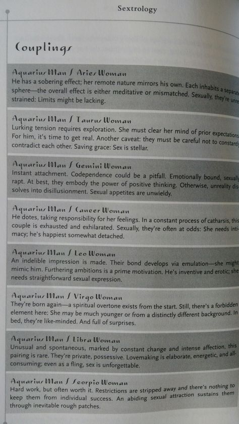 Aquarius Man Couplings. From big red Sextrology book. 1 of 3. Aquarius Man, Aquarius Rising, Aquarius Men, Book 1, Red, Quick Saves