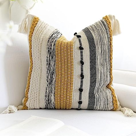 Amazon.com: BlissBlush Mustard Beige Boho Decorative Throw Pillow Case 20X20, Black Bohemian Accent Pillow Cover, Woven Textured Pillow Cover, Modern Boho Pillow for Couch, Decorative Pillow Cover (Pack of 1) : Home & Kitchen Boho Pillow Covers, Black Bohemian, Pillow For Couch, Boho Throw Pillows, Beige Boho, Throw Pillow Inserts, Pillow Texture, Couch Cushions, Cotton Throw