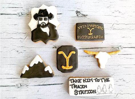 Yellowstone Cookies Decorated, Yellowstone 1st Birthday, Yellowstone First Birthday Party, Yellow Stone Themed Party, Yellowstone First Birthday, Yellowstone Watch Party Food, Yellowstone Cake Ideas, Yellowstone Birthday Party Theme, Yellowstone Cookies