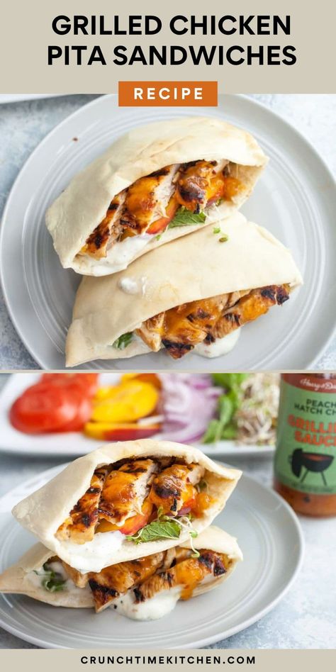 These stuffed grilled chicken pita sandwiches are the perfect light summer dinner. The chicken is marinated and grilled and the fresh peaches tie everything together. Sandwich goals! crunchtimekitchen.com #sandwiches #pita #grilled #chicken #peaches Chicken In Pita Bread, Grilled Chicken Pita Sandwich, Grilled Chicken Pita, Grilled Chicken And Peaches, Bbq Chicken Pita Pizza, Grilled Chicken Sandwich On Sourdough, Chicken Pita Sandwich, Pita Sandwich, Light Summer Dinners