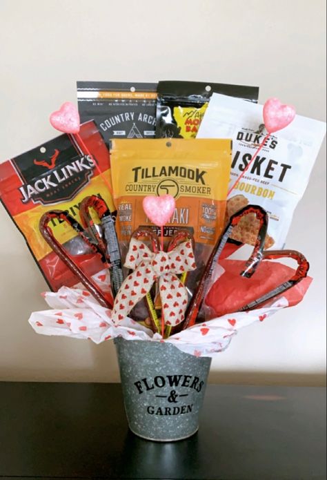 Beef Jerky Bouquet For Him, Beef Stick Bouquet, Jerky Bouquet Diy Gifts, Diy Bouquet For Men, Women Red Outfit, Jerky Bouquet, Valentine Dress Ideas, Beef Jerky Bouquet, Valentine Day Dress