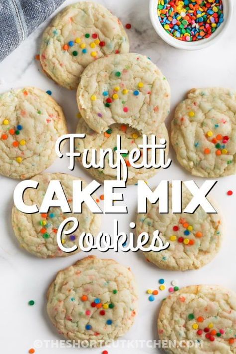 Try this recipe for soft and chewy Funfetti Cake Mix Cookies with sprinkles. This simple cookie recipe is always a hit, and it is so quick and easy to mix up. Make these homemade style cookies and add some chocolate chips for variation. Or make the batter into cookie bars for a fun and tasty dessert treat. #funfetticookies #theshortcutkitchen #fromcakemixeasy #cakemixcookierecipes Funfetti Cake Cookies Recipe, Cake Mix Cookies Funfetti, Cakemix Cookies Easy, Confetti Cake Mix Cookies, Cake Batter Cookies Recipe, Confetti Cake Cookies, White Cake Mix Cookies, Funfetti Cookie Recipe, Simple Cookie Recipe