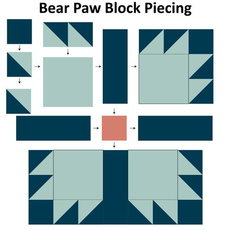 Bear Paw quilt block tutorial — Material Girl Quilts Bear Paw Quilt Block, Classic Quilt Blocks, Wildlife Quilts, Charm Pack Quilt Patterns, Bear Paw Quilt, Quilt Blocks Easy, Girl Quilts, Bear Quilts, Quilt Square Patterns