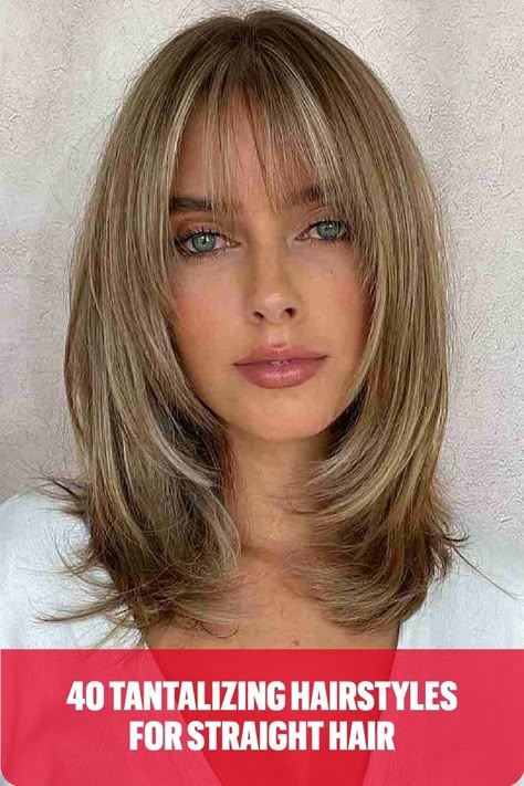 Medium Shag with Face-Framing Layers and Thin Bangs for Straight Hair Medium Length Hair With Bangs, Medium Shag, Hairstyles For Straight Hair, Layered Hair With Bangs, Haircuts For Medium Length Hair, Framing Layers, Bangs With Medium Hair, Haircuts For Wavy Hair, Caramel Highlights