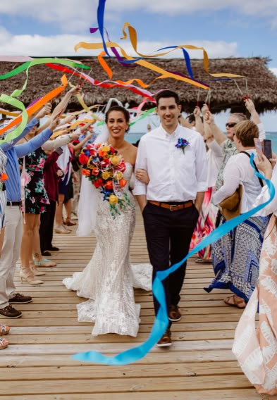 Streamers At Wedding, Ribbon Streamers Wedding, Streamers Wedding, Rainbow Wedding Party, Ribbons Wedding, Ribbon Wedding, Colourful Wedding Ceremony, Colourful Wedding Party, Ceremony Exit Ideas