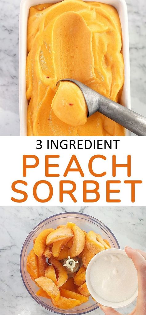 This easy peach sorbet recipe is a simple 3 ingredient peach sorbet that tastes like summer in a bowl, with no need for an ice cream maker or to make a sugar syrup! It's also dairy free! #chefnotrequired #peaches #icecream #sorbet #easyrecipes Sorbet Without Ice Cream Maker, Peach Sorbet Recipe, Best Frozen Meals, Sorbet Recipe, Peach Sorbet, Peach Recipes, Peach Desserts, Sorbet Recipes, Sugar Syrup