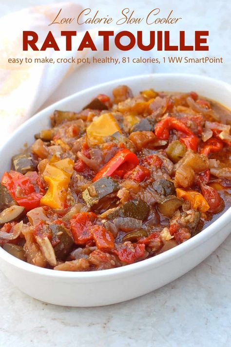 Ratatouille is the classic French vegetable stew from Provence made with eggplant, zucchini, onions and tomatoes. You can serve this as a slow cooker side dish or as a main course with salad and crusty bread! #slowcookerratatouille #ratatouille #lowcalorieratatouille #slowcooker #crockpot Slow Cooker Ratatouille, Summer Slow Cooker Recipes, Eggplant Zucchini, Ratatouille Recipe, Points Plus, Healthy Vegetable, Slow Cooker Dinner, Vegetable Stew, Healthy Crockpot