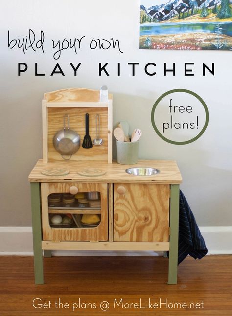 More Like Home: Sweet & Simple Play Kitchen Plans Play Kitchen Plans, Coffee Table Arrangment, Kids Workbench, Diy Kids Kitchen, Preppy Bedroom Decor, Kitchen Sets For Kids, Wooden Play Kitchen, Preppy Bedroom, Toddler Ideas