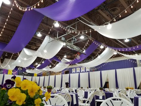 Ceiling draping in a gym Cloth Ceiling, Curtain Ceiling, Prom Decorations, Outdoor Wedding Lighting, Ceiling Draping, Prom 2022, Event Decor Direct, Easter 2023, Open Ceiling