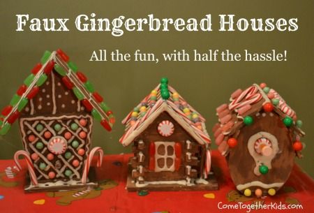 Faux Gingerbread Houses - no messy royal icing!  Really clever way to make gingerbread houses with kids Faux Gingerbread, Easy Gingerbread House, Activities Board, Cookies And Candy, Gingerbread House Parties, Gingerbread Party, Gingerbread Decorations, Christmas Gingerbread House, Gingerbread Houses