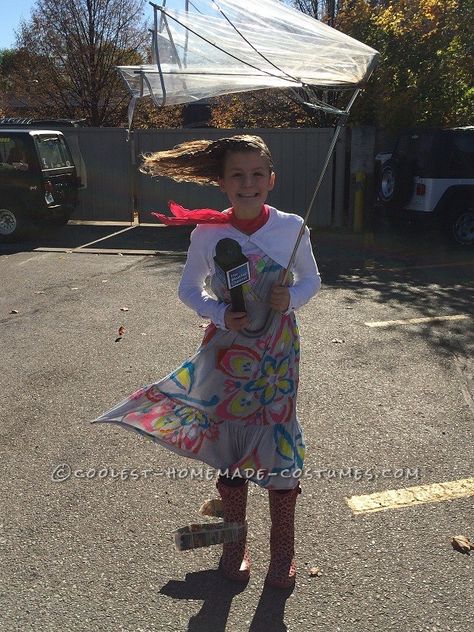 Dress Like The Weather Costume, Weather Girl Costume, Wind Halloween Costume, Wind Blown Costume, Weather Reporter Costume, Weather Woman Costume, Wind Costume Ideas, Costumes With Umbrellas, Weather Man Costume