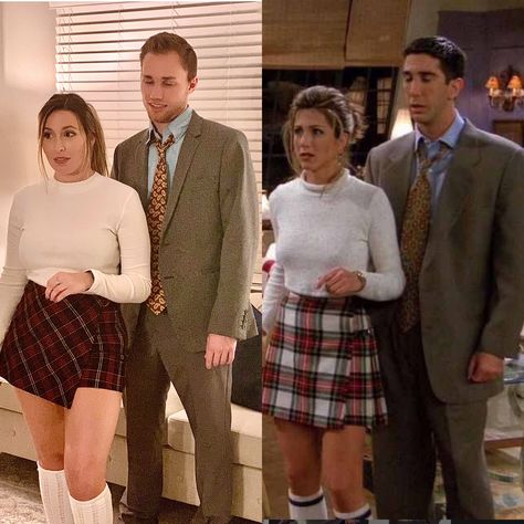 Monica And Rachel Outfits Halloween, 90s Theme Party Outfit Couples, Halloween Costumes Friends Tv Show, Monica And Chandler Costume, Romcom Halloween Costumes, Iconic Tv Couples, Rachel And Ross Halloween Costume, Ross Rachel Costume, Monica And Rachel Halloween Costumes