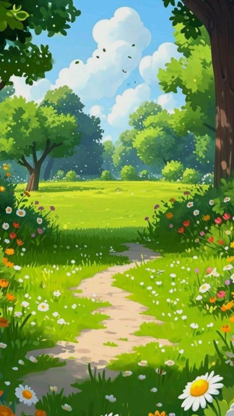 Park Animation Background, Field Of Flowers Illustration, Park Illustration Background, Forest Cartoon Background, Cartoon Nature Background, Cartoon Park, Park Scene, Cars Theme Birthday Party, Drawing Tutorial Face