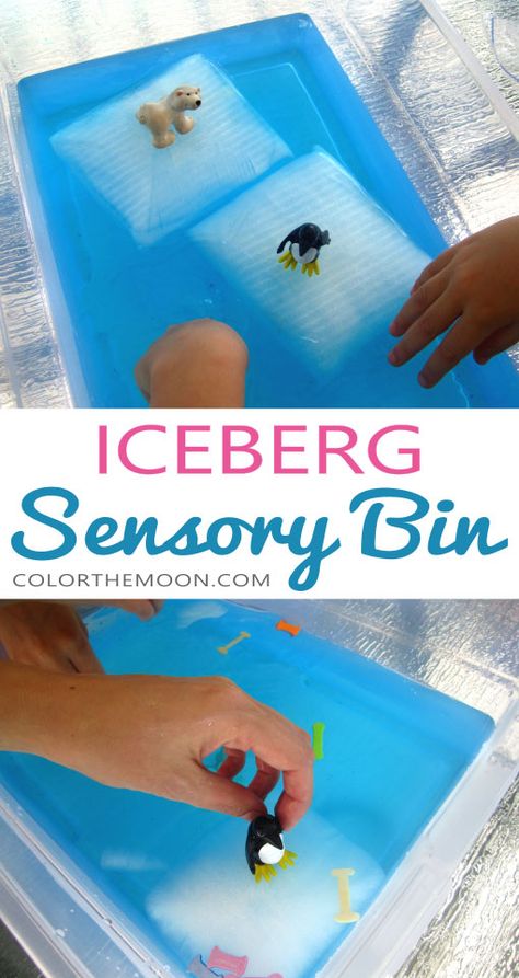 This iceberg sensory bin makes a GREAT summertime activity for kids! And it’s so easy to make too! What an awesome idea for sensory play! Preschool Sensory Play, January Preschool, Winter Sensory Bin, Winter Sensory, Play Preschool, Preschool Sensory, Baby Animal Art, Penguins And Polar Bears, Polar Animals