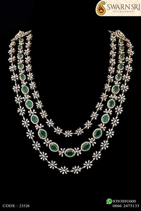 Long bridal 3 layered diamond and emarald necklace Indian Bridal Necklace, Long Diamond Necklace, Diamond Necklace Indian, Bridal Diamond Necklace, Indian Wedding Jewelry Sets, Buy Gold Jewelry, Diamond Necklace Designs, Bridal Accessories Jewelry, Bracelet Diamond