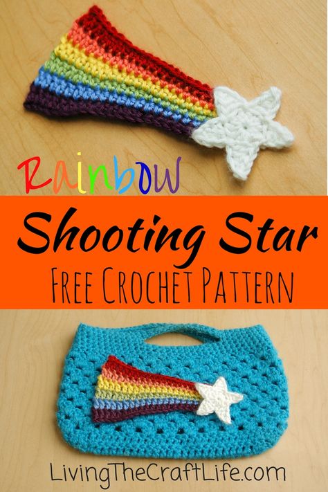 Free Rainbow Shooting Star Crochet Pattern! Crochet Star Stitch, Crochet Applique Patterns Free, Star Crochet, Crochet Bookmark Pattern, Crochet Rainbow, Baby Crochet Patterns Free, Pola Amigurumi, Crochet Stars, Rainbow Crochet