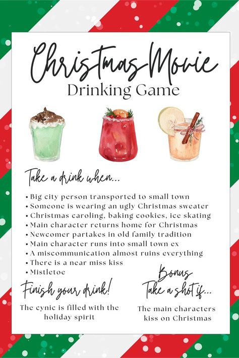 Hallmark Christmas Movie Drinking Game, Hallmark Movie Night Party, Hallmark Christmas Party Ideas, Christmas Movie Drinking Games, Christmas Movie Marathon Party, Christmas Movie Night Party Ideas, Christmas Themed Girls Night, Hallmark Movie Party, Hallmark Christmas Movie Party