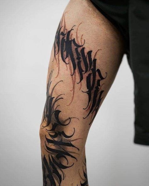 Dark Script Tattoo, Black Letter Tattoo, Calligraffiti Tattoo, Dark Calligraphy Tattoo, Lettering Tattoo Ideas, Calligraphy Tattoo Design, Dark Lettering Tattoo, Lettering Tattoo Design, Tattoo Calligraphy