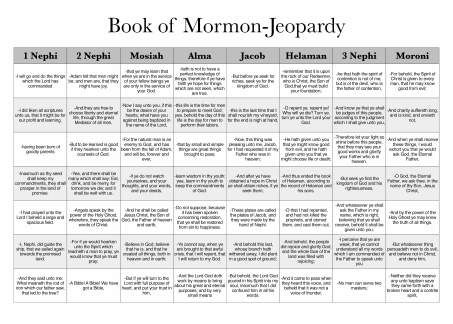 Book of Mormon Jeopardy #LDS #ldsseminary Lds Primary Jeopardy Questions, Scripture Mastery, Book Of Mormon Scriptures, Lds Seminary, Jeopardy Game, Lds Lessons, Lds Scriptures, Yw Activities, Youth Conference