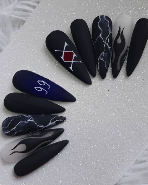 Anime Based Nails, Hunter X Hunter Nail Designs, Ninja Nails Designs, Scaramouche Inspired Nails, Phantom Troupe Nails, Bleach Nails Anime, Black Clover Nails, Dazai Nails, Subtle Anime Nails