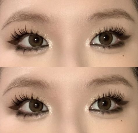 Smokey Monolid Makeup, Eyeliner On Monolid Eyes, Douyin Makeup Single Eyelid, Prom Makeup Monolid, Lashes On Hooded Eyes, Doyen Makeup, Douyin Makeup Monolid, Gold Douyin Makeup, Monolid Makeup Looks