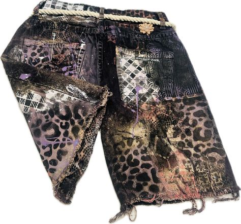 Denim Shorts, Levi Denim - size 12 - shorts have been bleached, dyed, hand painted, patched and hand sewn, embellishments added. Jeans Design Ideas, Custom Jorts, Pant Accessories, Paint Pants, Denim Painting, Customized Clothes, Fire Clothes, Painted Shorts, Edgy Streetwear