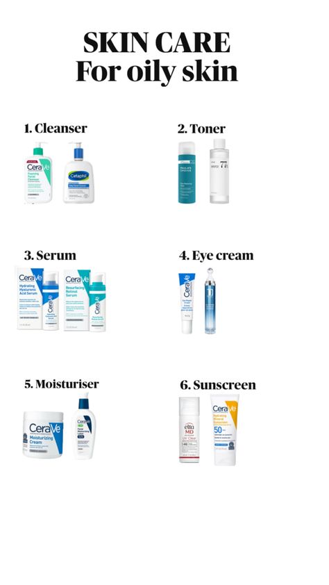 Hi guys, this is for my oily skin girlies! You can do the routine 2x a day at night ofc without the sunscreen. Hope u could help!❤️🎧 For those who couldn’t read the  products name!   CLEANSER: CeraVe Foaming Facial Cleanser, Cetaphil oily skin cleanser   TONER: Paula’s choice Pore- reducing Toner, Anna Heartleaf 77% Soothing Toner   SERUM: Resurfacing Retinol Serum, Hydrating Hyalonic Acid serum,   EYE CREAM: CeraVe Eye repair cream, Eye serum Dongyu   MOISTURISER: Moisturising cream, Facial Moisturising Lotion,   SUNSCREEN: elta MD UV clear, Hydrating Mineral Sunscreen CeraVe   #skincare #glowup #beauty #glow Cleanser Cetaphil, Cerave Eye Cream, Cetaphil Oily Skin Cleanser, Cetaphil Oily Skin, Cleanser Cerave, Cerave Eye Repair Cream, Oily Skin Cleanser, Resurfacing Retinol Serum, Elta Md Uv Clear