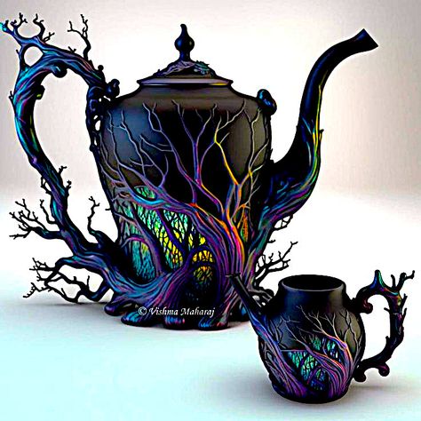 Clay Gothic Crafts, Gothic Teapot, Gothic Ceramics, Tea Pot Aesthetic, Fantasy Ceramics, Tea Pots Art, Fantasy Furniture, Teapots Unique, Gothic Furniture