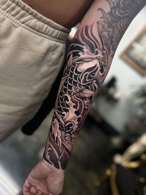 Japanese Style Forearm Tattoo, Japanese Bicep Tattoo Men, Inner Bicep Japanese Tattoo Men, Japanese Inner Bicep Tattoo, Japanese Temple Forearm Tattoo, Black And White Japanese Tattoo Sleeve, Asian Half Sleeve Tattoo, Japanese Traditional Half Sleeve, Japanese Water Tattoo Sleeve