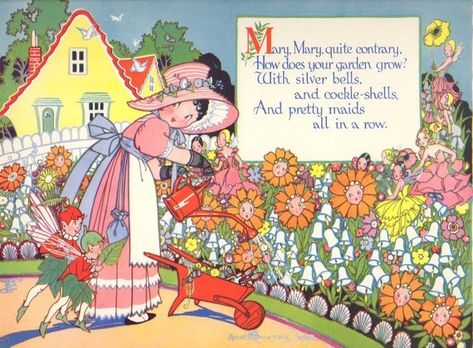 Mary, Mary, quite contrary, How does your garden grow? With silver bells, and cockle shells, And pretty maids all in a row Mary Mary Quite Contrary, Nursery Rhymes Poems, Mary Quite Contrary, Cottage Illustration, Childrens Poems, Childrens Poetry, Lovely Illustrations, Mary Mary, Japanese Drawings