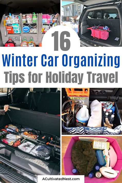 16 Winter Car Organizing Ideas to Keep You on the Road- Stay prepared and organized this winter with our winter car organizing ideas! From emergency kits to clever hacks, these tips will keep you safe and your car in top shape. Perfect for those snowy and cold commutes! | #WinterCarTips #CarOrganization #WinterSafety #organizing #ACultivatedNest Winter Car Survival Kit, Tahoe Organization Ideas, Winter Car Essentials, Living In Car Hacks, Suv Organization Ideas, Home Health Nurse Organization Car, Car Storage Ideas Organizing, Things To Keep In Your Car, Car Emergency Kit For Women