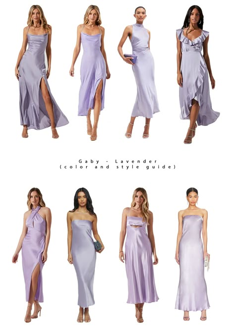 Light Purple Silk Bridesmaid Dresses, Lavender Bridesmaid Dresses Mismatched, Lavendar Bridesmaid Dresses, Pastel Wedding Guest Outfit, Lavendar Bridesmaids Dresses, Pastel Purple Bridesmaid Dresses, Pastel Purple Dress, Purple Dress Outfits, Bridesmaid Color Palette