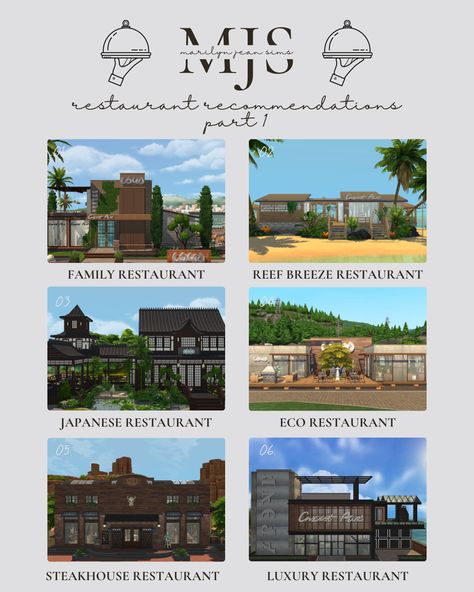 Sims 4 Restaurant Gallery Recommendations Sims 4 Sulani Restaurant, Sims 4 Restaurant Build, Beach Restaurant Design, Sims4 Build, Sims Lots, Sims 4 Restaurant, Sims Lookbook, Gallery Restaurant, Restaurant Layout