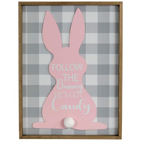 "Buy the Follow the Bunny He's Got Candy Easter Bunny Framed Wall Sign at Michaels. com. Crafted with a wooden frame and a gingham design, this sign features a pink bunny with a playful \"Follow the bunny, he's got candy\" sentiment. Complete with a white bunny tail, it's a perfect blend of springtime charm and cleverness, making it a great addition to your Easter decorations. Add a touch of humor and a pop of color to your Easter holidays with this bunny wall sign. Crafted with a wooden frame a Beach Wall Hanging, Bunny Silhouette, Border Frame, Easter Signs, Easter Holiday, White Bunny, Accent Wall Decor, Pink Bunny, Bunny Tail