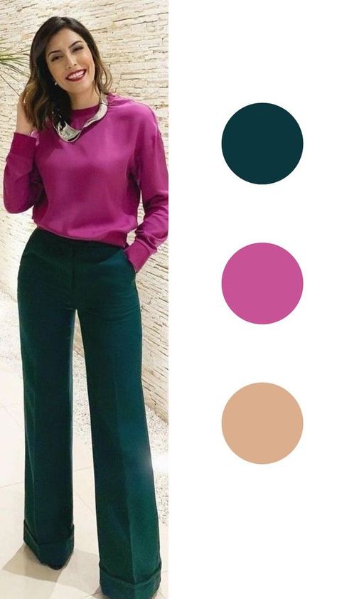 Magenta And Green Outfit, Pink Green Outfit Color Combos, Magenta Color Combinations Outfit, Magenta Outfit Color Combos, Magenta Color Combinations, Outfits Mujeres, Stylish Workwear, People Outfits, Green Outfits