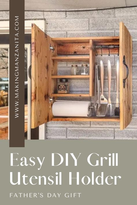 Give Dad the gift of organization this Father's Day with our easy DIY grill utensil holder! With our free woodworking plans, you can create a stylish and functional holder to keep all of his grilling essentials organized and within reach. Whether he's flipping burgers or basting ribs, this handy accessory will make his grilling experience even better. Customize the design to fit his style and preferences, then surprise him with a handmade gift he'll cherish every time he fires up the grill. Organizing Grilling Tools, Grilling Storage Ideas, Outdoor Grill Tool Storage, Grill Utensil Holder Diy, Grilling Utensil Storage Diy, Grill Organization Outdoor, Bbq Utensil Storage Ideas, Grill Accessories Storage Diy, Grill Organization Ideas