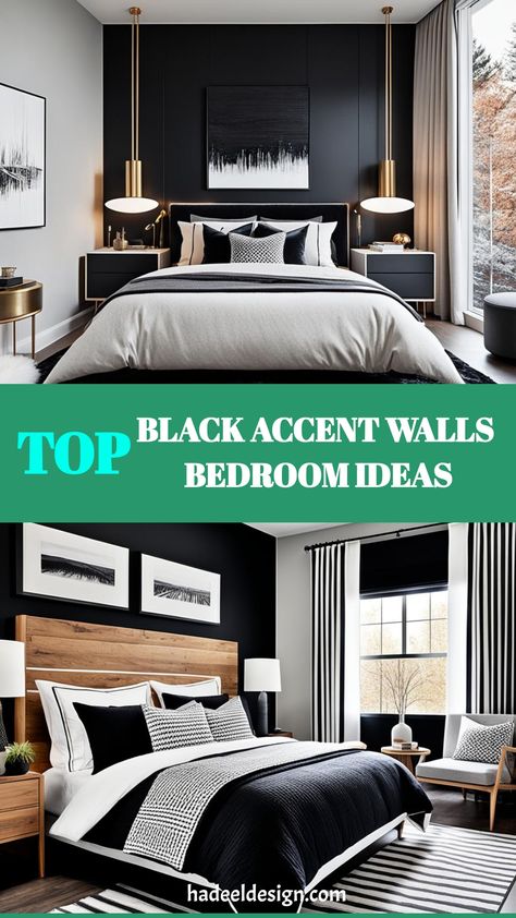 Transform your bedroom into a sophisticated retreat with black accent walls that exude style and elegance. Whether you prefer modern minimalism or classic chic, black accent walls offer a dramatic backdrop that elevates any decor. Imagine a sleek, matte black wall highlighting your statement headboard, or a glossy finish that reflects ambient lighting, creating a cozy yet luxurious atmosphere. Pair with crisp white linens for a striking contrast, or incorporate rich textures and metallic accents Black Accent Wall Bedroom Ideas, Accent Wall Bedroom Ideas, Black Accent Wall Bedroom, Accent Walls Bedroom, Wall Bedroom Ideas, Statement Headboard, Black Accent Wall, Black Walls Bedroom, Accent Wall Design