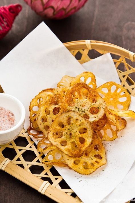 Lotus Root Chips (Renkon Chips) レンコンチップス | Easy Japanese Recipes at JustOneCookbook.com Lotus Root Chips, Root Chips, Japanese Appetizers, Just One Cookbook, Japanese Diet, Middle East Recipes, Easy Japanese Recipes, Mapo Tofu, Homemade Chips