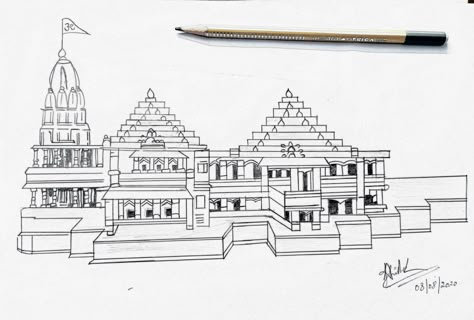 Pencil art of conceptual Ram mandir. Ram Mandir Ayodhya Sketch, Ram Mandir Ayodhya Painting, Ayodhya Ram Mandir, Ayodhya Ram, Sunset Canvas Painting, Pencil Drawing Images, Buddhist Art Drawing, Pen Art Work, Naruto Sketch Drawing