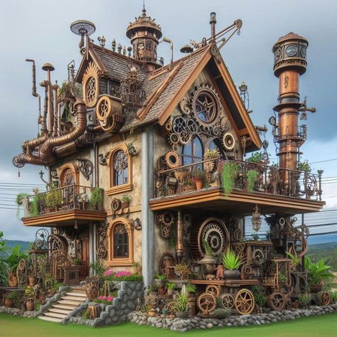 Steam Punk House, Steampunk Village, Creative House Design, Steampunk Building, Punk House, Vintage Leather Sofa, Steampunk Aesthetic, Steampunk House, Planet Coaster