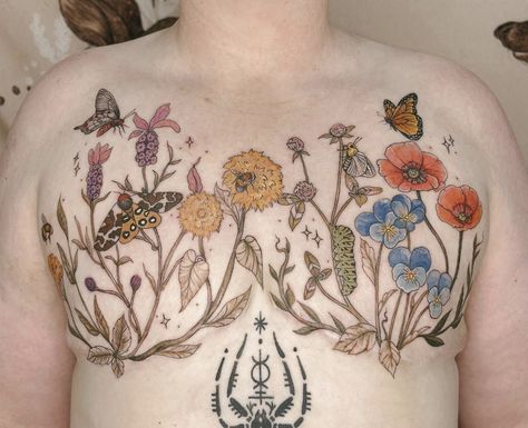 Top Surgery Tattoo, Surgery Tattoo, Top Surgery, Funky Tattoos, Scar Tattoo, Doodle Tattoo, Chest Piece, Henna Tattoo Designs, Chest Tattoo