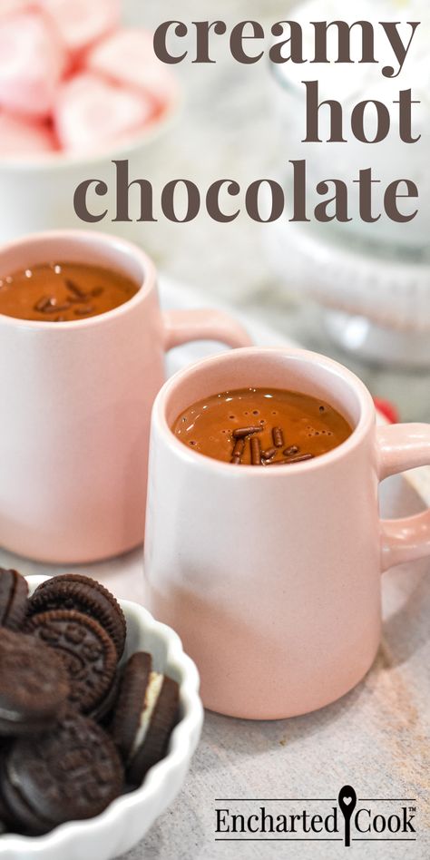 Two pink mugs filled with creamy hot chocolate with a bowl of oreo cookies with text overlay. Rich And Creamy Hot Chocolate, Hot Chocolate Recipes Stovetop, Stovetop Hot Chocolate, Creamy Hot Chocolate Recipe, Creamy Hot Chocolate, Hot Chocolate Milk, Hot Chocolate Cocoa, Quick Dessert, Caramel Desserts