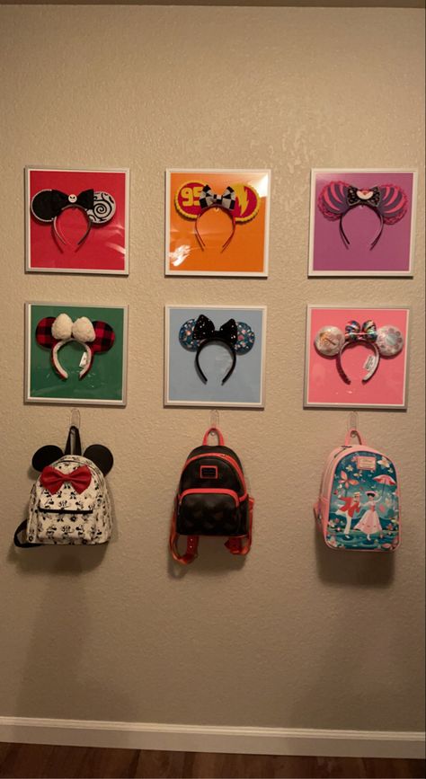 Displayed so that i can take them down and wear them still when i plan to go to the parks. Loungefly Wall Display, Backpack Display, Disney House, Room Stuff, Disney Ears, Disney Home, Wall Display, House Decor, I Can