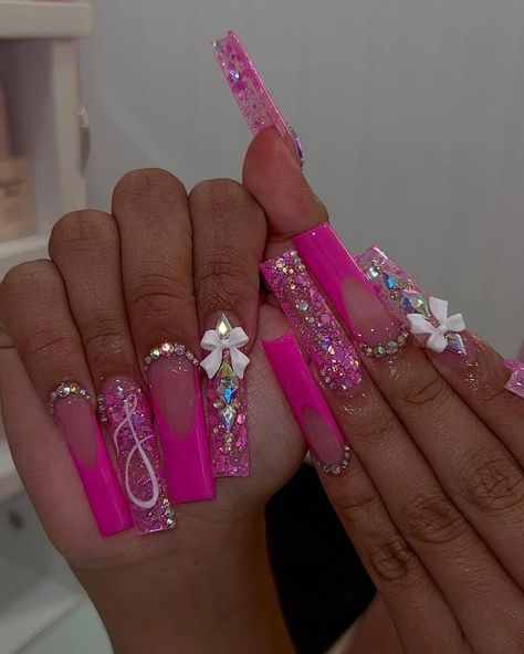 Pink Bling Nails, Girly Acrylic, Long Acrylic Nail Designs, Hot Pink Nails, Colored Acrylic Nails, Cute Acrylic Nail Designs, Dope Nail Designs, London Ontario, Unique Acrylic Nails