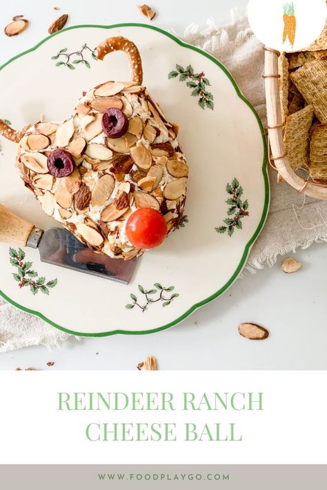 A Reindeer Ranch Cheese Ball that is a fun, easy, and make ahead appetizer that is sure to make everyone smile. | Easy Cheese Ball Recipe | Ranch Cheese Ball | Cheese Ball | Holiday Appetizers | Christmas Appetizers | Winter Appetizers | Entertaining | Easy Appetizers | Food Play GO Ball Cheese, Make Ahead Appetizer, Easy Cheese Ball, Ranch Cheese Ball, Holiday Appetizers Christmas, Winter Appetizers, Cheese Ball Recipe, Appetizers Christmas, Christmas Appetizer