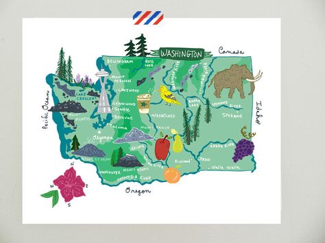 Washington illustrated map- 10x8. $20.00, via Etsy. Whimsical Map, Illustrated Maps, Flour Sack Tea Towels, Usa States, Kitchen Dish Towel, Illustrated Map, State Map, Flour Sack, Notebook Planner